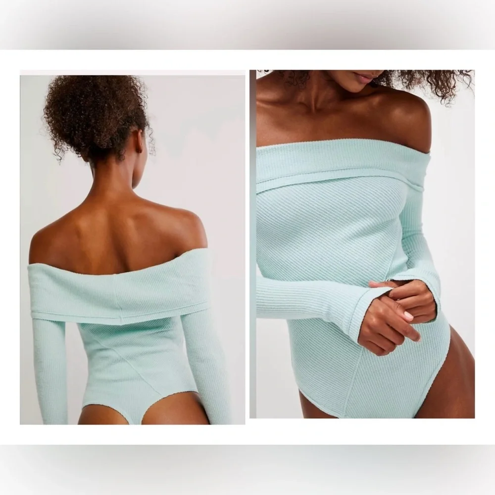 Free People Off-Shoulder Textured Mint Ribbed Bodysuit NWT